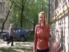 Slavic golden-haired horny white wife behind the fence receives her panties soaked